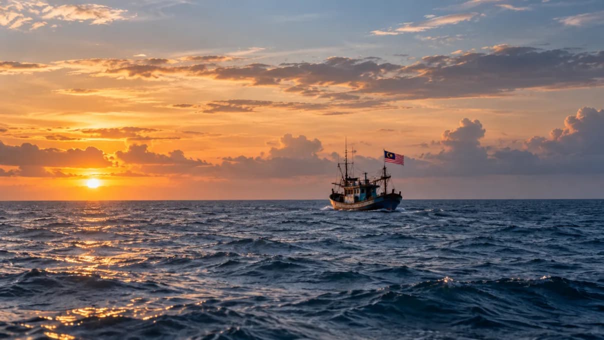 A Malaysian fishing boat heading out across open water at sunrise, its flag flying at the mast