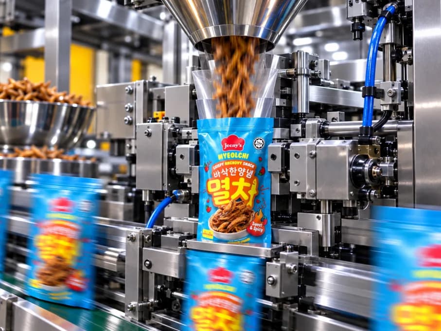 Jeeny's Myeolchi crispy anchovy snack pouches being filled and sealed on an automated packing line