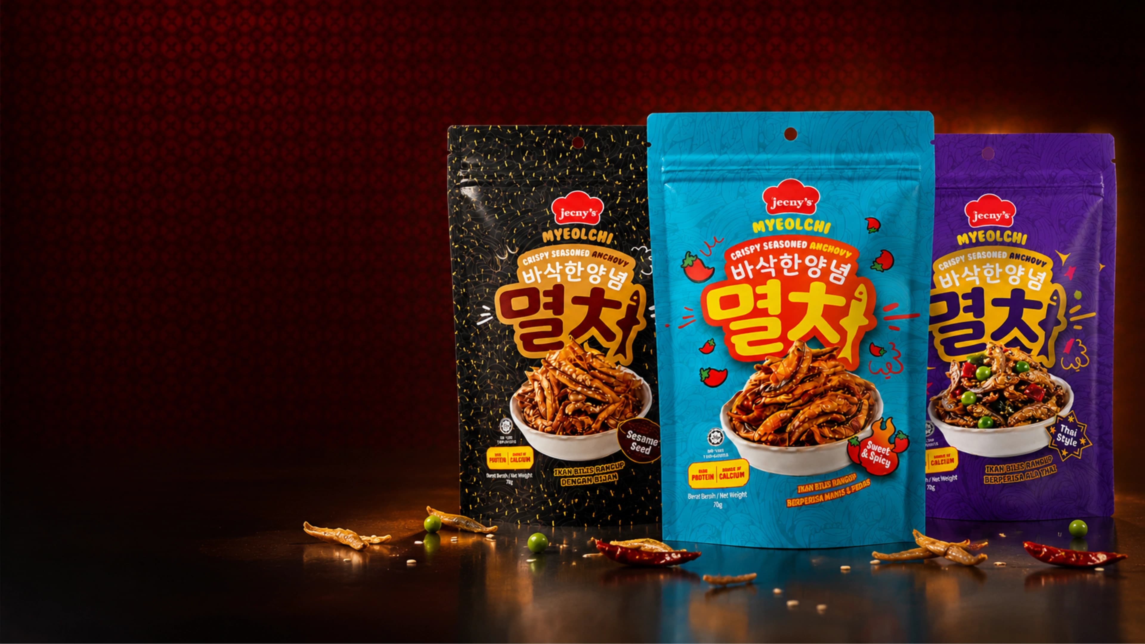 Jeeny's Myeolchi crispy seasoned anchovy — Sesame Seed, Sweet & Spicy and Thai