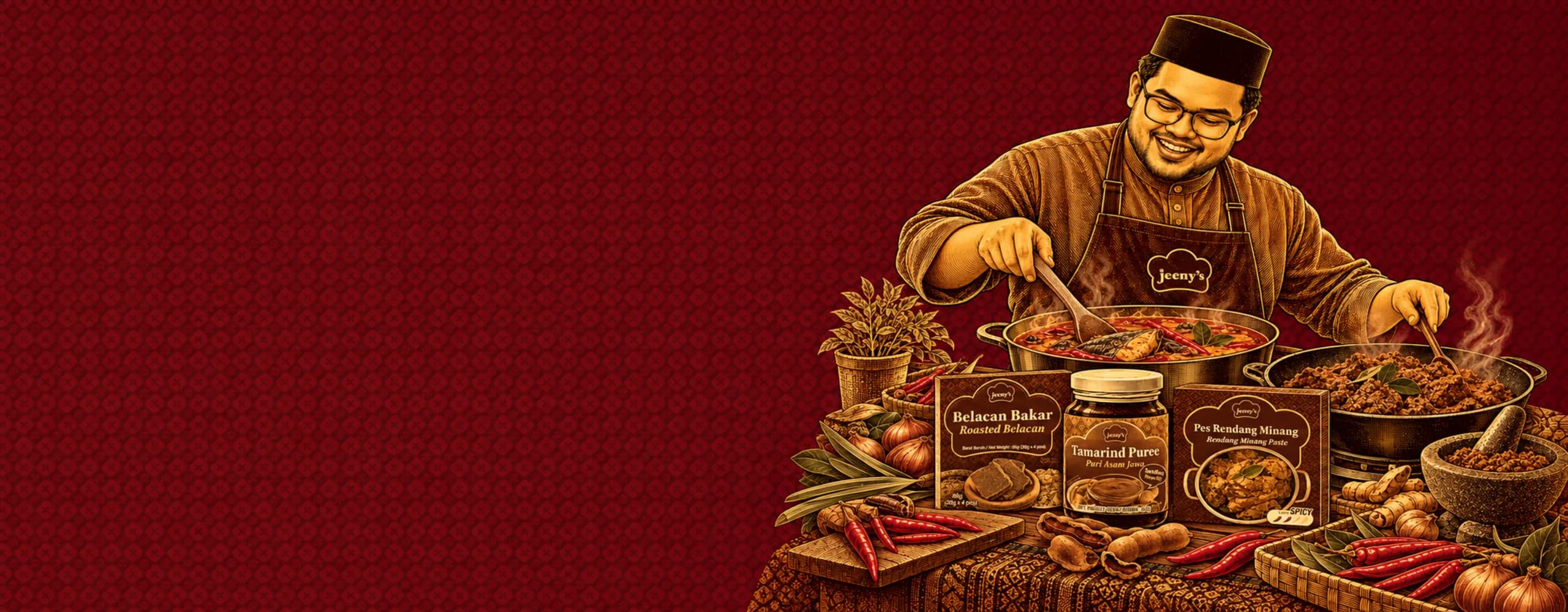 A cook in a songkok stirring a pot of curry beside a wok of rendang, with Jeeny’s Belacan Bakar, Tamarind Puree and Pes Rendang Minang packs, chillies, shallots and a pestle and mortar laid out in front, drawn in gold on a red batik ground
