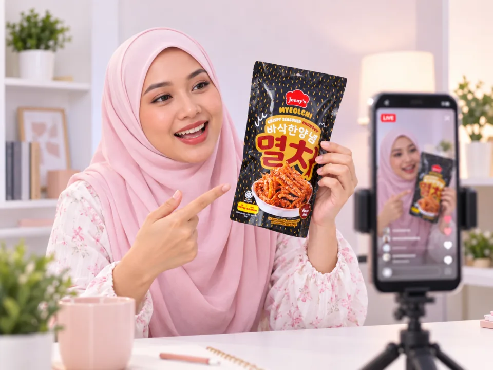A creator livestreaming to a phone on a tripod, holding up a packet of Jeeny's Myeolchi crispy anchovy snacks