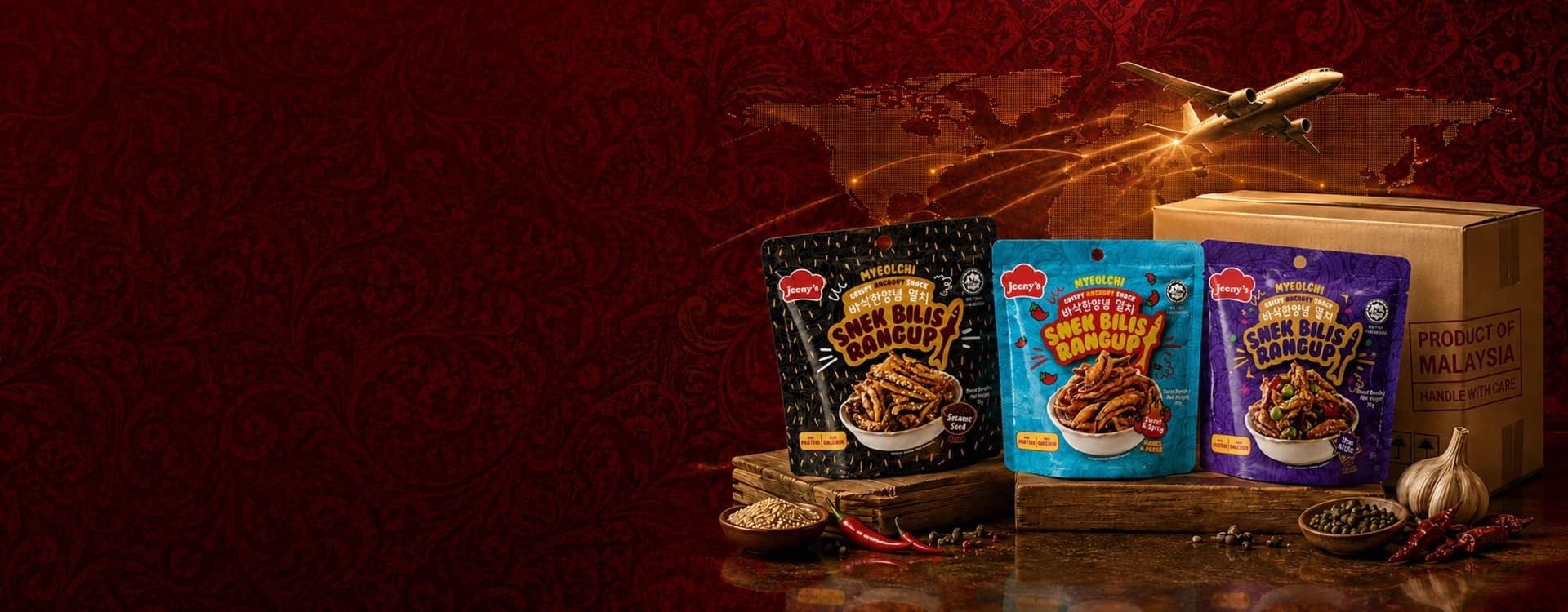 Jeeny's Snek Bilis Rangup crispy anchovy snack packets beside a Product of Malaysia export carton, with a cargo plane and a dotted world map on a red batik ground