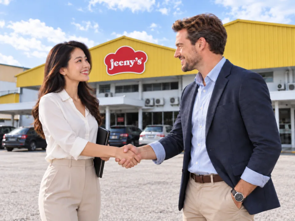 A Jeeny's representative shaking hands with an export partner outside the yellow Jeeny's factory
