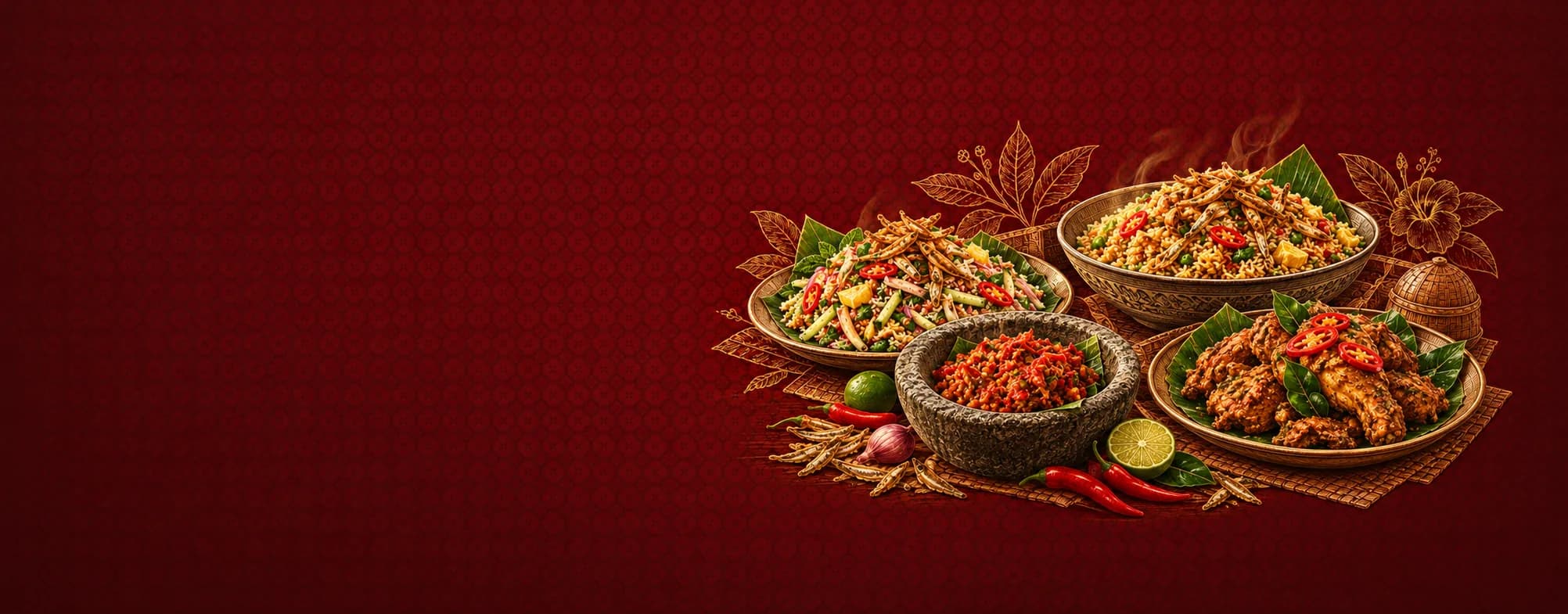 A spread of Malaysian dishes made with Jeeny's anchovies — a kerabu salad and a bowl of fried rice both topped with crispy ikan bilis, sambal in a stone mortar, and fried chicken on banana leaf — with limes, chillies and shallots, on a red batik ground