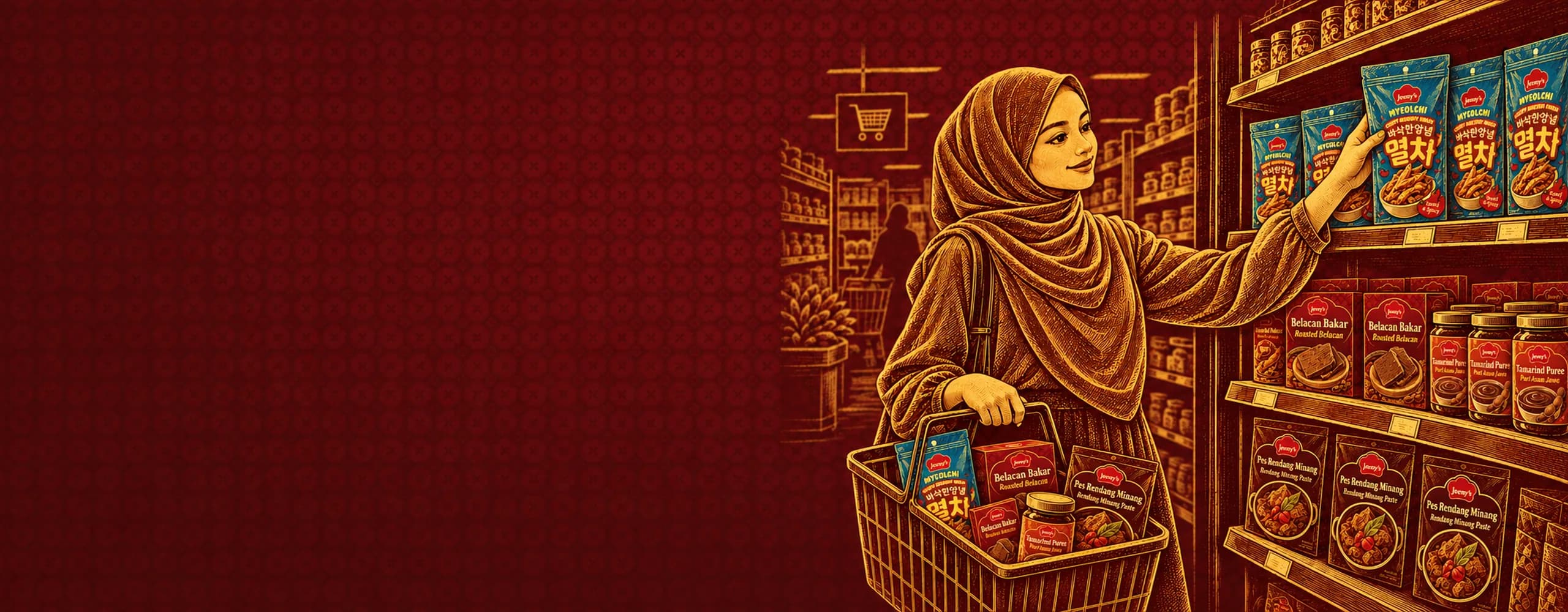 A shopper in a hijab reaching for a pack of Jeeny’s Myeolchi crispy anchovy snacks on a supermarket shelf, rows of Belacan Bakar, Tamarind Puree and Pes Rendang Minang below and a basket of products on her arm, drawn in gold on a red batik ground