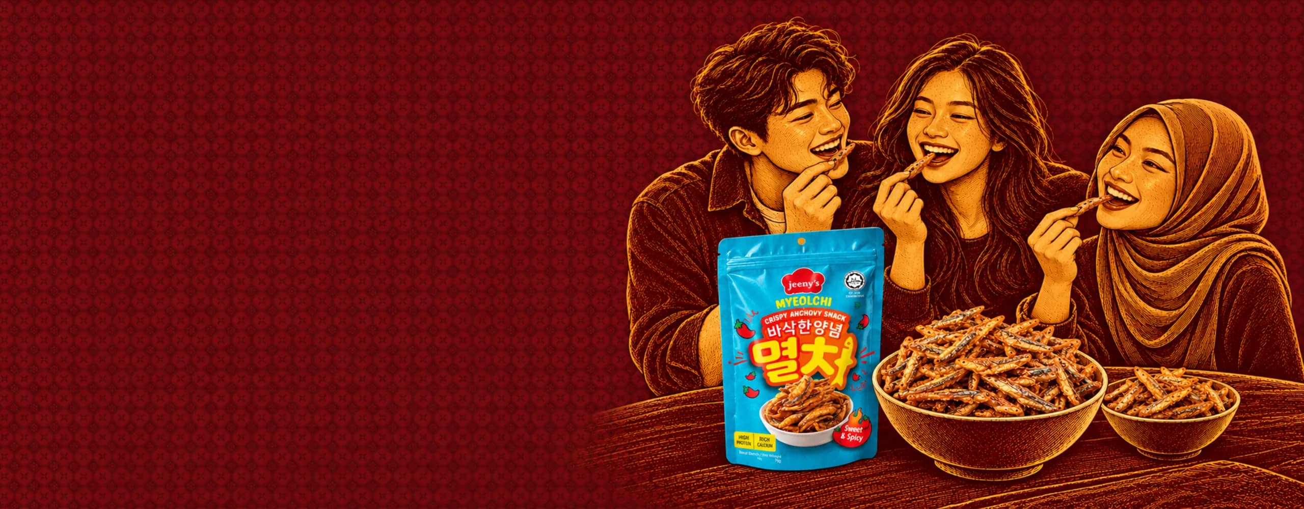 Three friends laughing as they eat Jeeny’s Myeolchi crispy anchovy snacks from bowls on a wooden table, a blue Sweet & Spicy packet standing between them, drawn in gold on a red batik ground